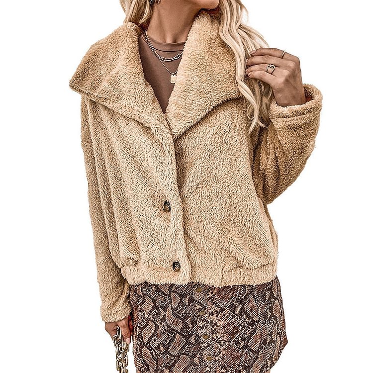 SINGLE-BREASTED BEIGE LONG-SLEEVED SUIT COLLAR PLUSH JACKET