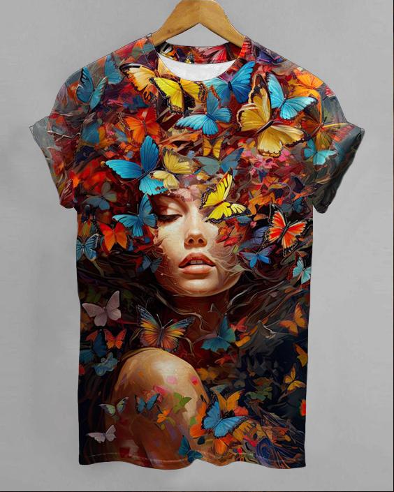 Black Girl Butterfly Oil Painting Women's Round Neck Short Sleeve T-shirt