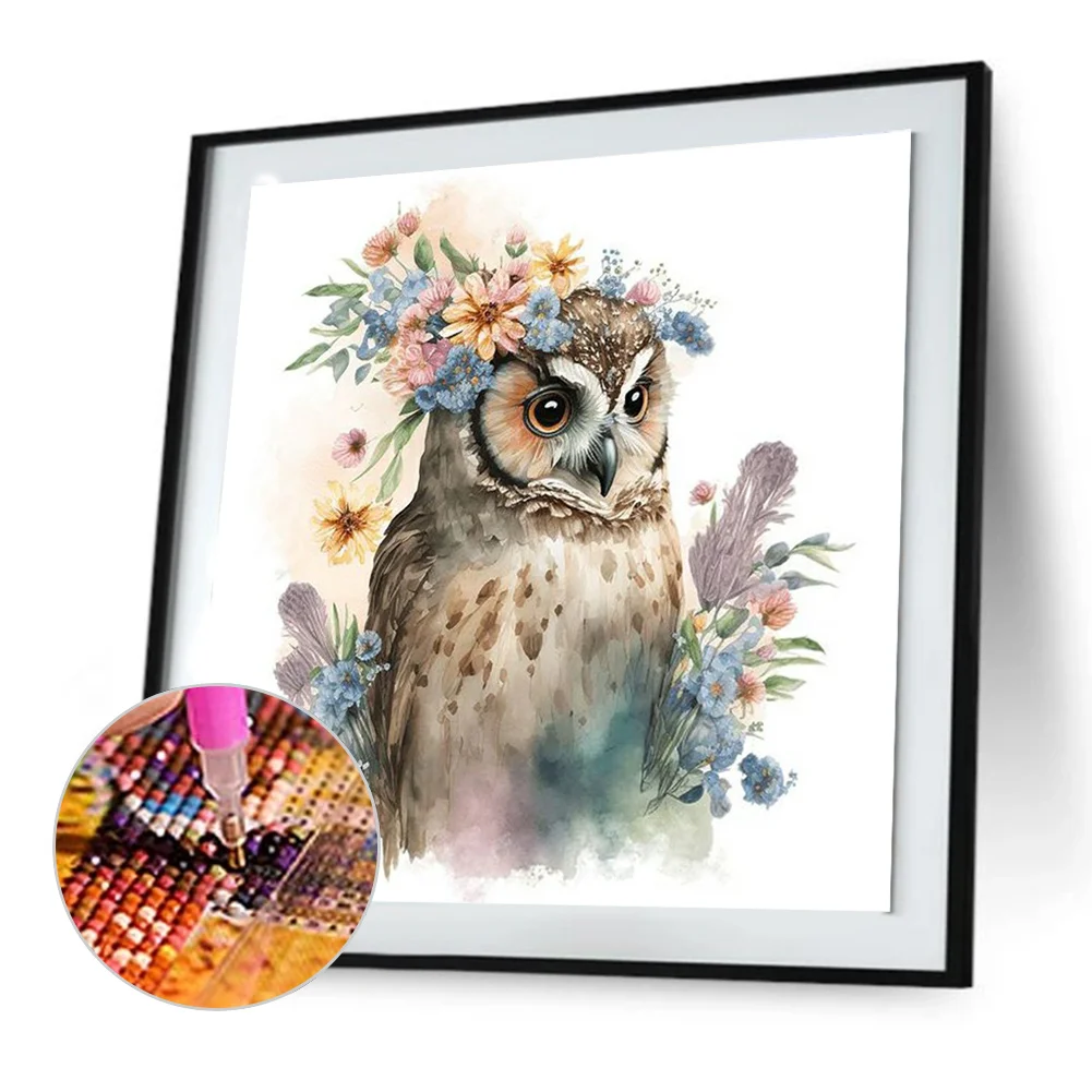 Full Round Diamond Painting 30*30cm - Owl And Flowers