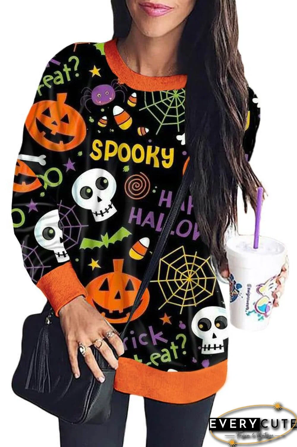 Black Halloween Element Print Sweatshirt