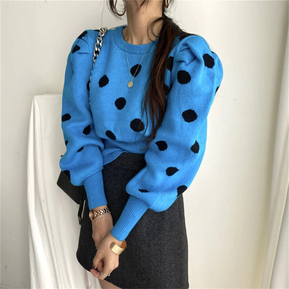 Jangj Alien Kitty 2022 Chic Knitted Pullovers Women Jumpers Polka Dots Stylish Spring Outwear Vintage Casual New Loose OL Sweaters