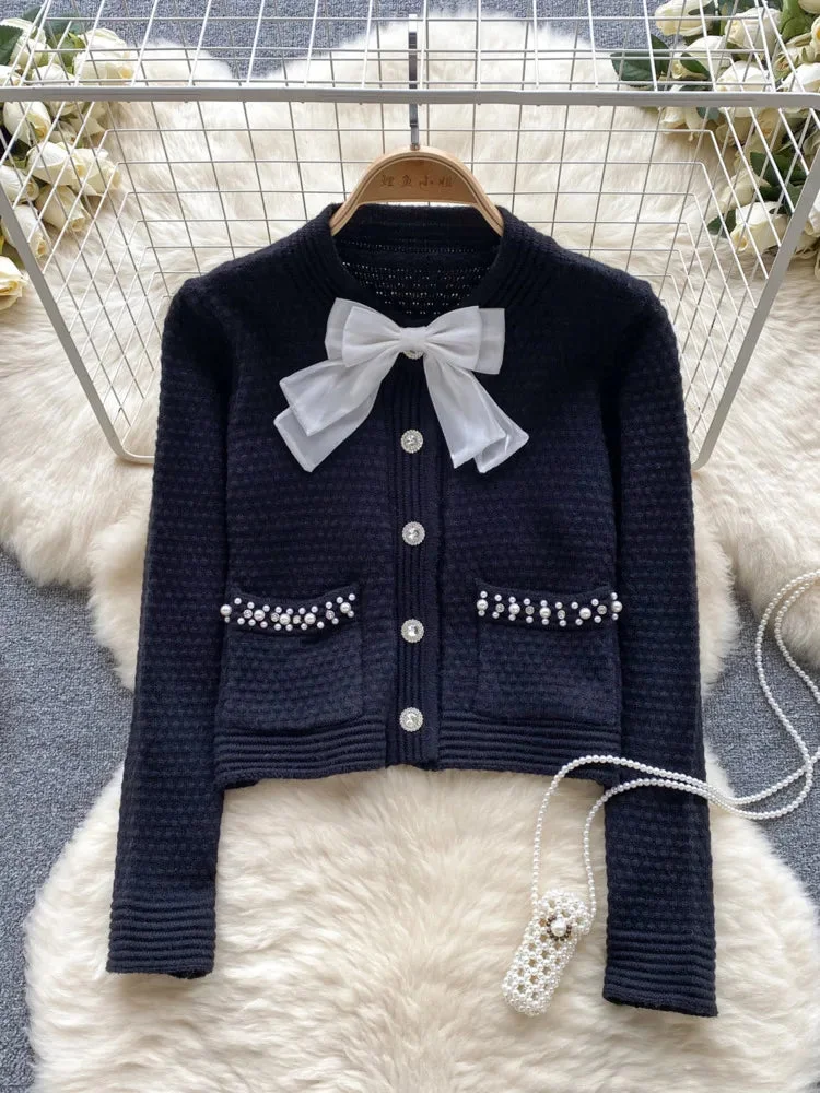 Huiketi Winter Korean Style Women's Bow Knitted Sweater Cardigan Fashion Beaded Female Long Sleeve Round Neck Casual Knitwear
