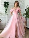 Pink Enchanting 3D Peony Ballgown Princess A Line Tulle Prom Dress Off The Shoulder High Leg Split Formal Evening Gown Special Event Party