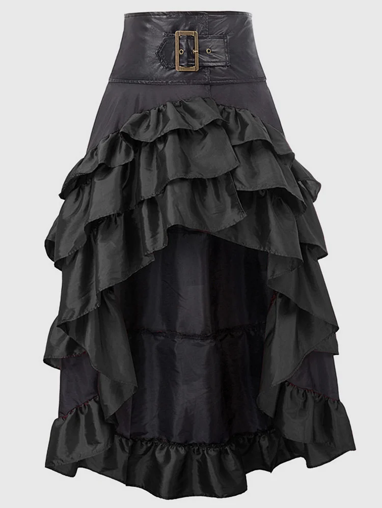 Retro Ruffle Trim Colorblock Buckle Dip Hem Midi Skirt