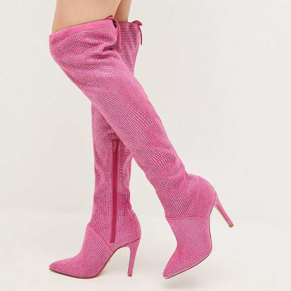 Pink Glitter Zipper Boots Pointed Toe Stiletto Heels Knee High Boots Nicepairs