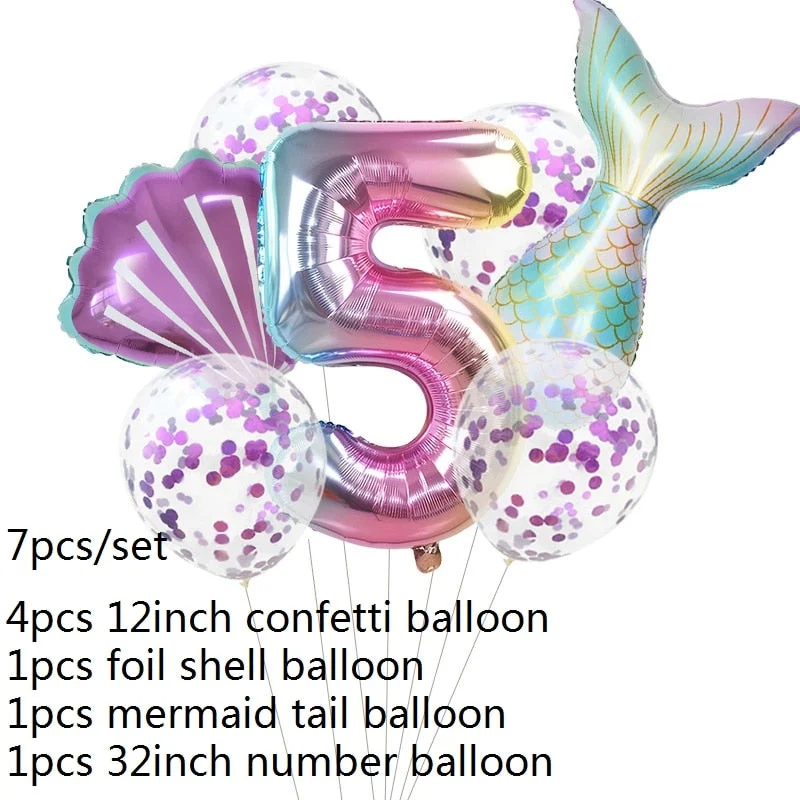 7pcs Mermaid Party Balloons 0 1 2 3 4 5 6 7 8 9 Number Foil Balloon Kids Birthday Party Decorations Baby Shower Helium Globos