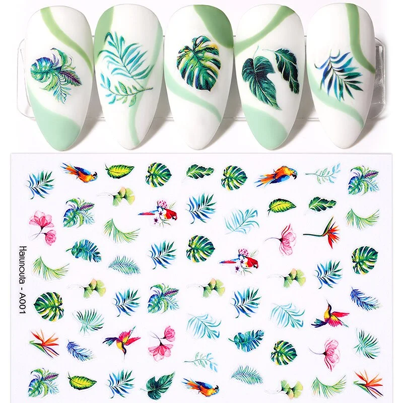 Harunouta Summer Green Leaves Flower 3D Nail Sticker Stripe Lines Leaf Slider Decals Watermarks Spring Nail Art Decoration