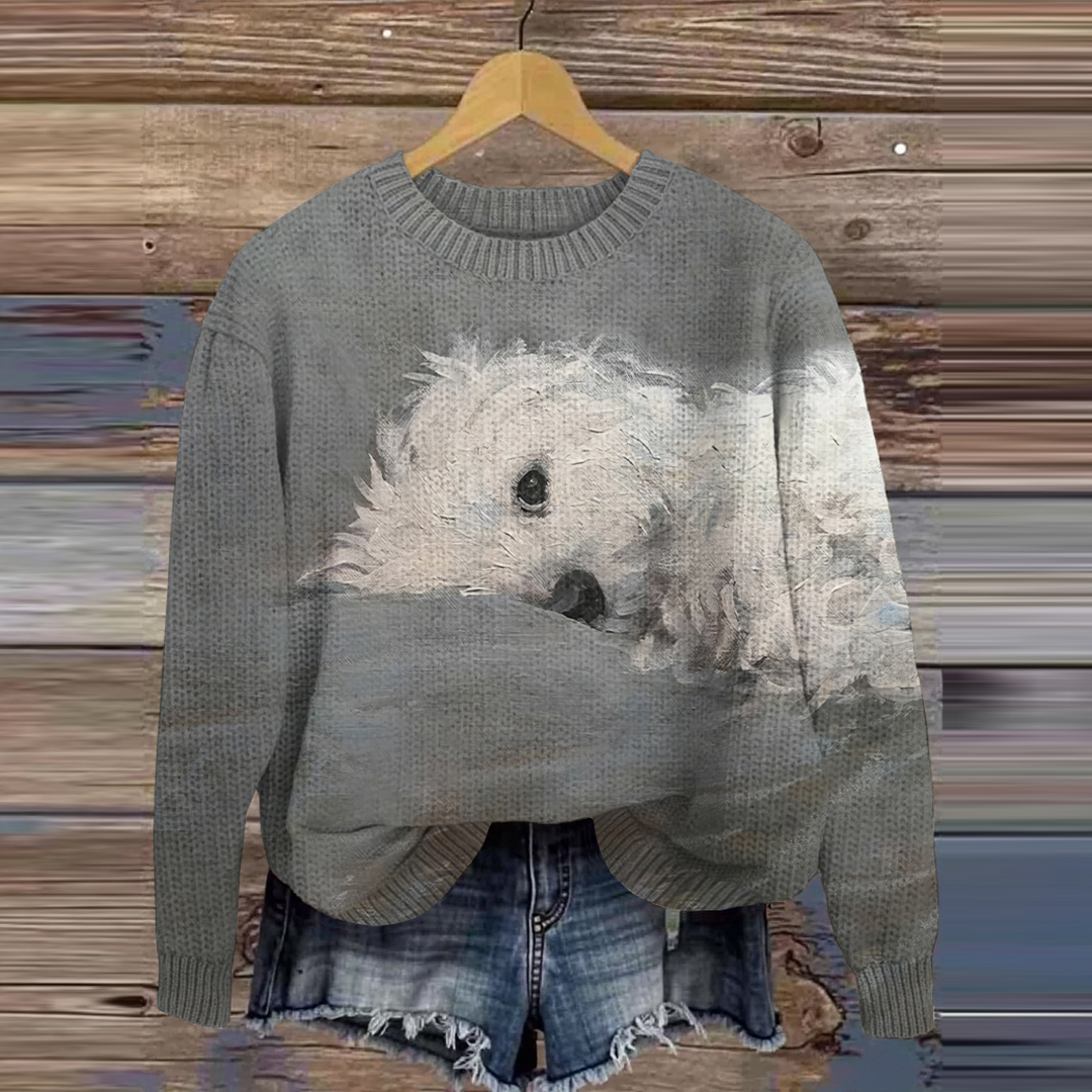 Comstylish Cute Dog Print Knitted Pullover Sweater