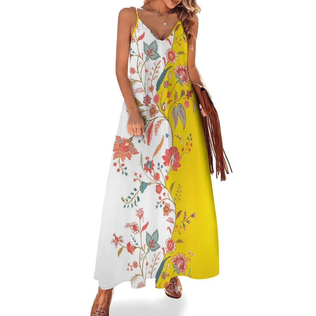 Style & Comfort for Mature Women Plus Size Printed Sling Casual Women Maxi Dress in Pattern Yellow, Floral
