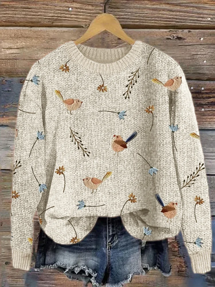 Birds Floral Embroidery Pattern Cozy Knit Sweater