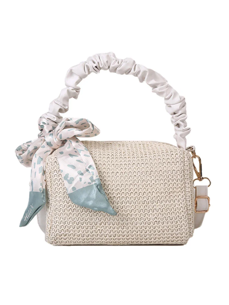 Fashion Woven Shoulder Bag Silk Scarf Pleated Travel Messenger Tote Handbag