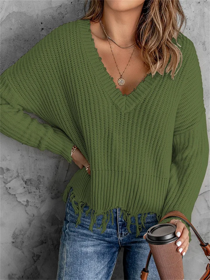 Fashion V-neck Solid Color Tassel Hole Knitted Sweater