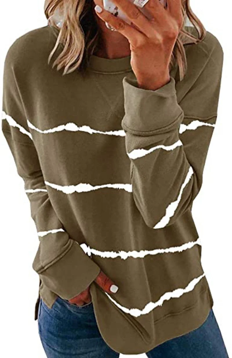 Brownm Tie-dyed Printed Striped Round Neck Loose Blouses