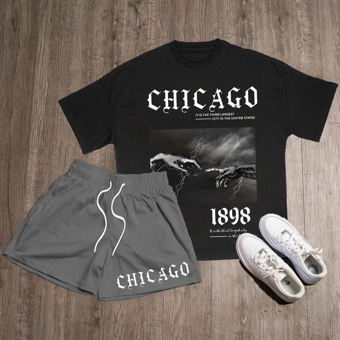 Chicago Print T-Shirt Short Sleeve Two Piece Set
