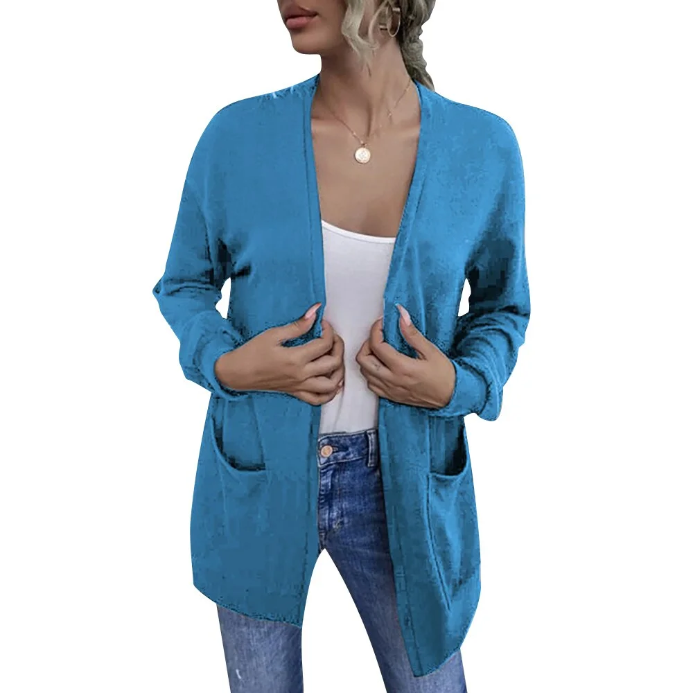 Women V-Neck Autumn Sweaters Cardigans Long Length Knitted Jacket Basic Tops Female Clothes Knitted Pockets Korea Coats 2023