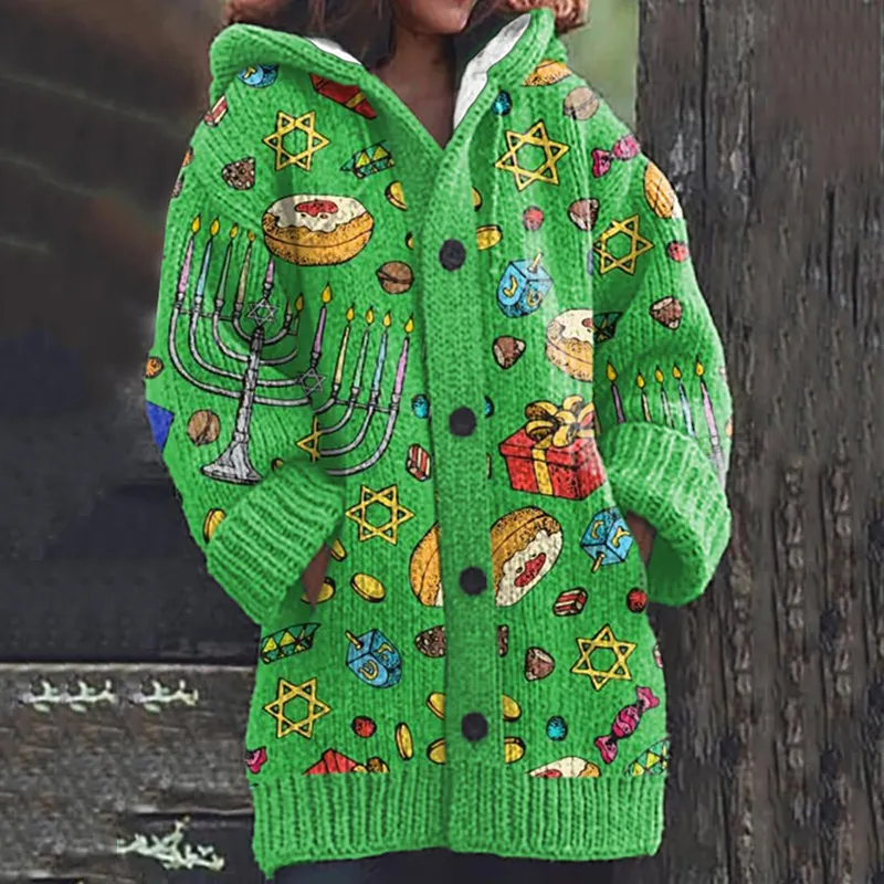 Women's Jewish Hanukkah Print Knitted Hooded Cardigan