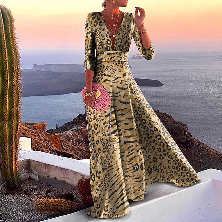Fashion Leopard Print V-Neck A Swing Maxi Dress
