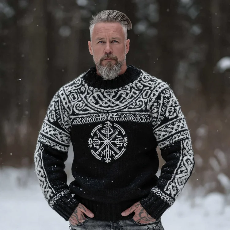 Men's Retro Viking Vegvisir Symbols Pattern Knit Sweater