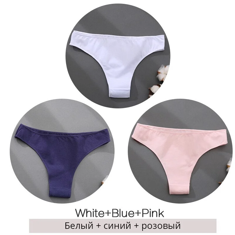 FINETOO 3Pcs/set Cotton Brazilian Panties M-2XL Women Underwear Ladies Soild Color T-back Underpants Sexy Low-rise Panty 2021