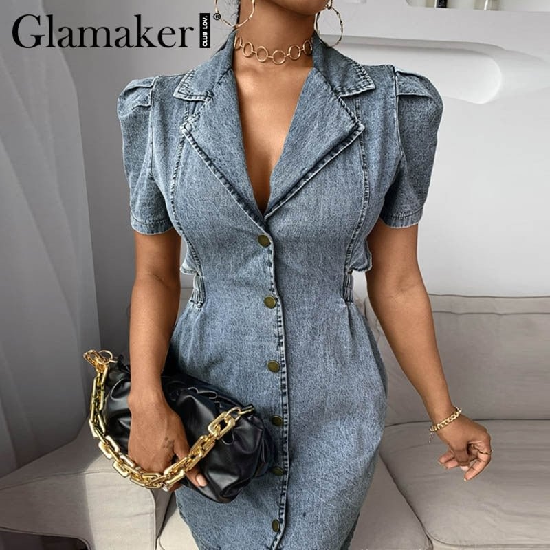 Glamaker Office lady denim blue mini dress Elegant slim hollow out sexy denim dress Fashion short sleeve spring summer dress