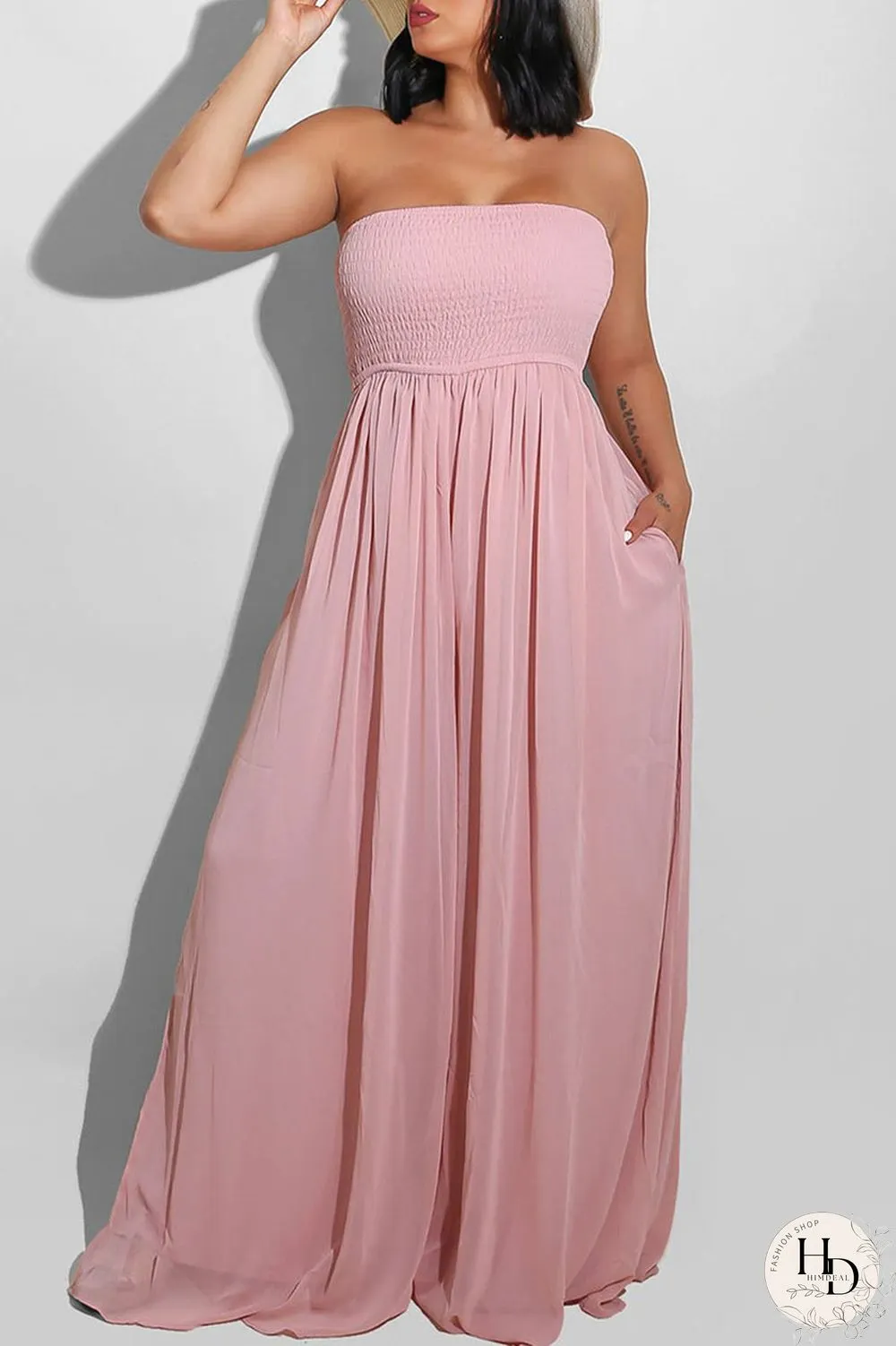 Yellow Sexy Casual Solid Backless Strapless Regular Jumpsuits