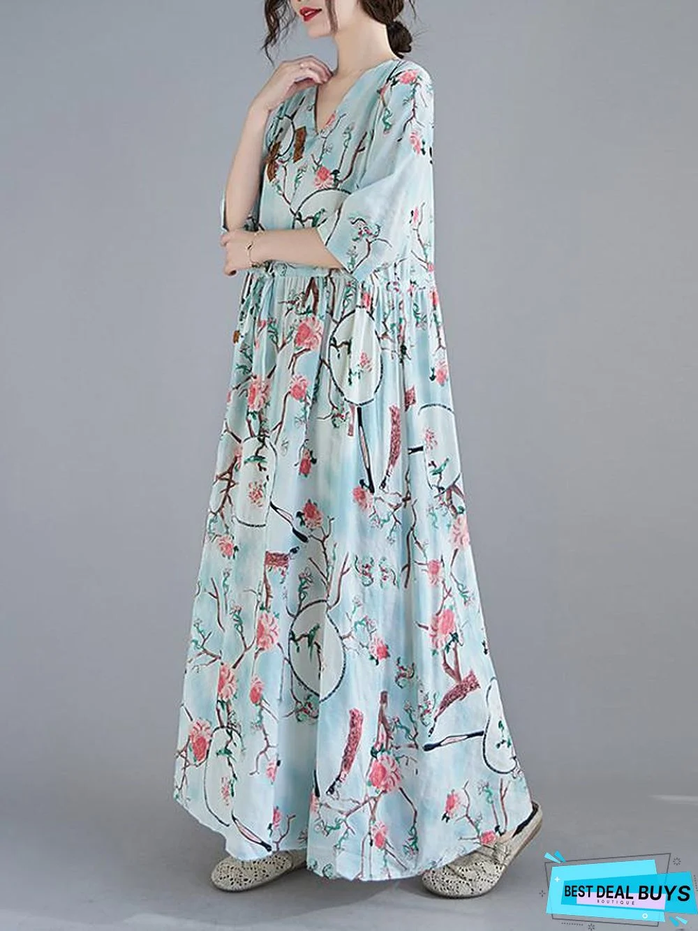 Women's Swing Dress Maxi Long Dress 3/4 Length Sleeve Floral Spring Summer Casual Blushing Pink Light Blue