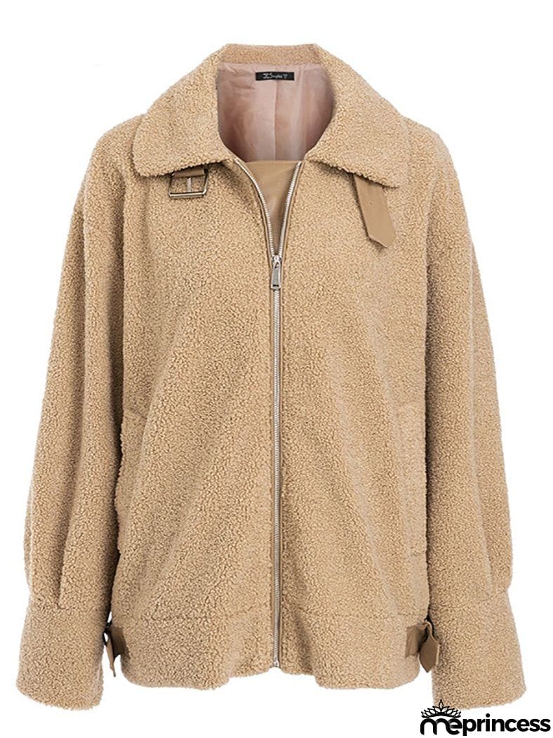 Women Autumn Belts Zipper Turndown Collar Fur Jacket