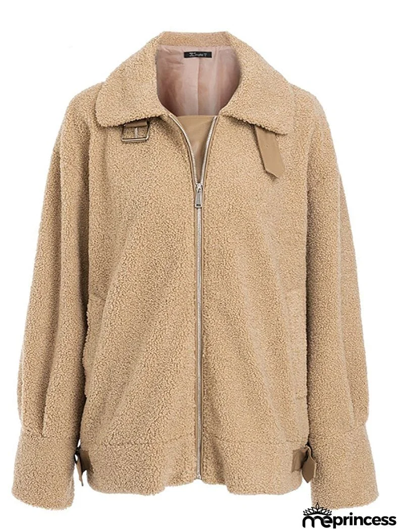 Women Autumn Belts Zipper Turndown Collar Fur Jacket