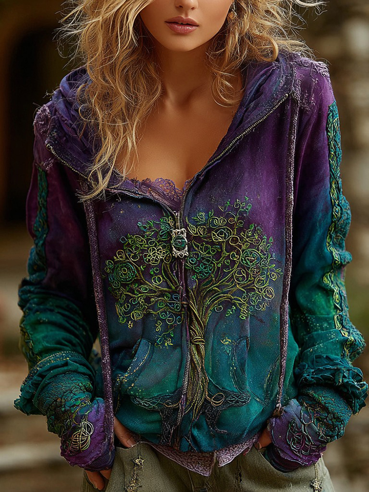 Women's Vintage Viking Tree Of Life Cozy Warm Zip Hoodie Cardigan wearshes