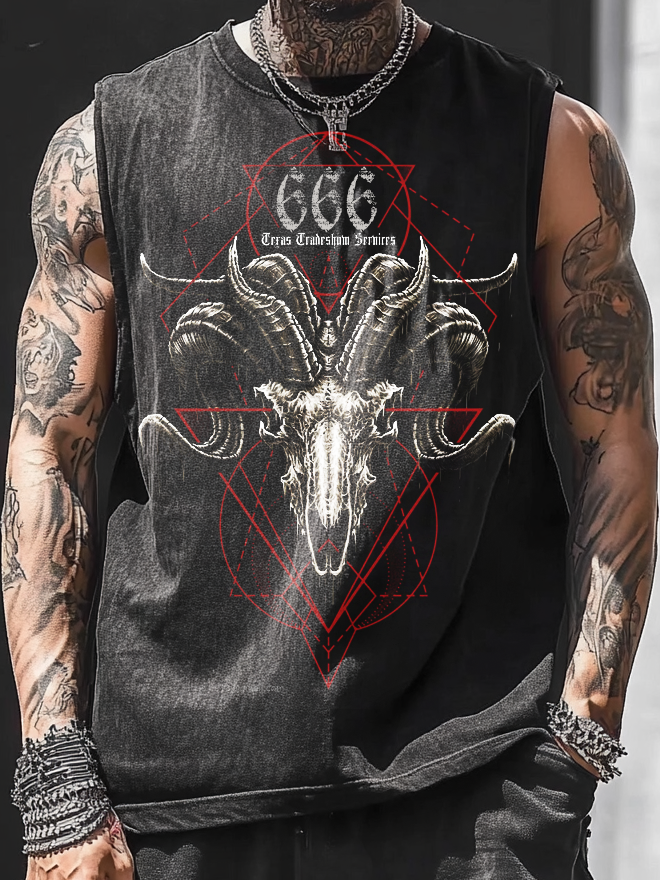 Shoptechwear Art Satanic Goat 666 Devil Acid Wash Casual Vest