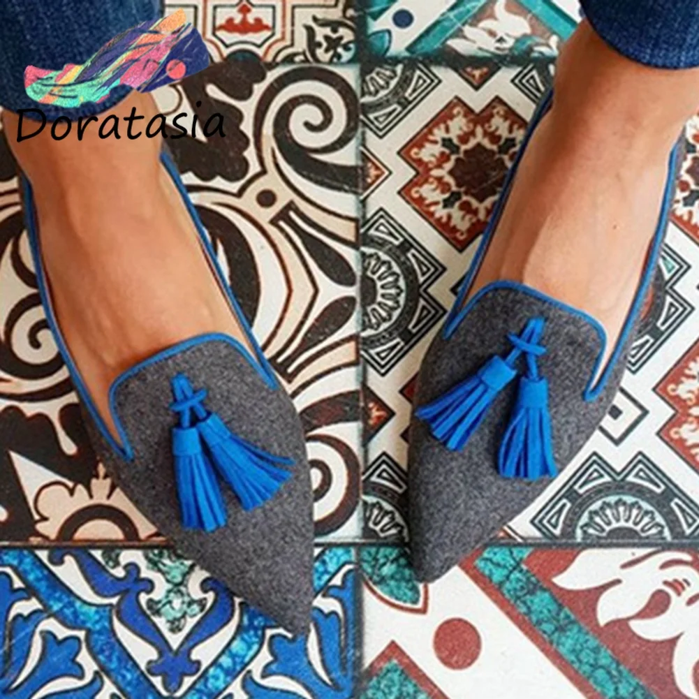 Breakj Pointed Toe Flat Shoes Elegant Low Heel Fringe Mules Women New Brand Concise mxed-color Mules