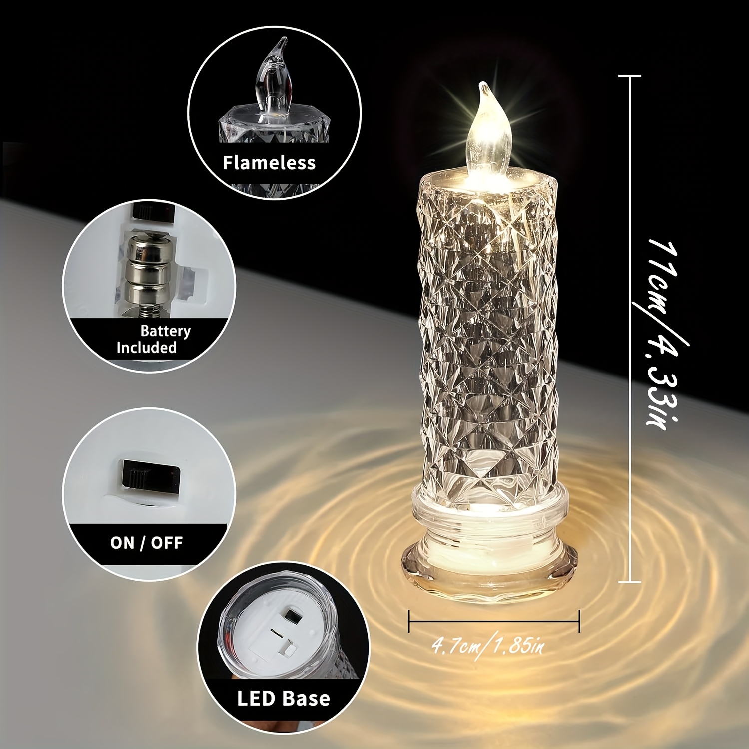 Tegooe 4-Pack Diamond-Cut LED Flameless Candles - Crystal Style Decorative Lights