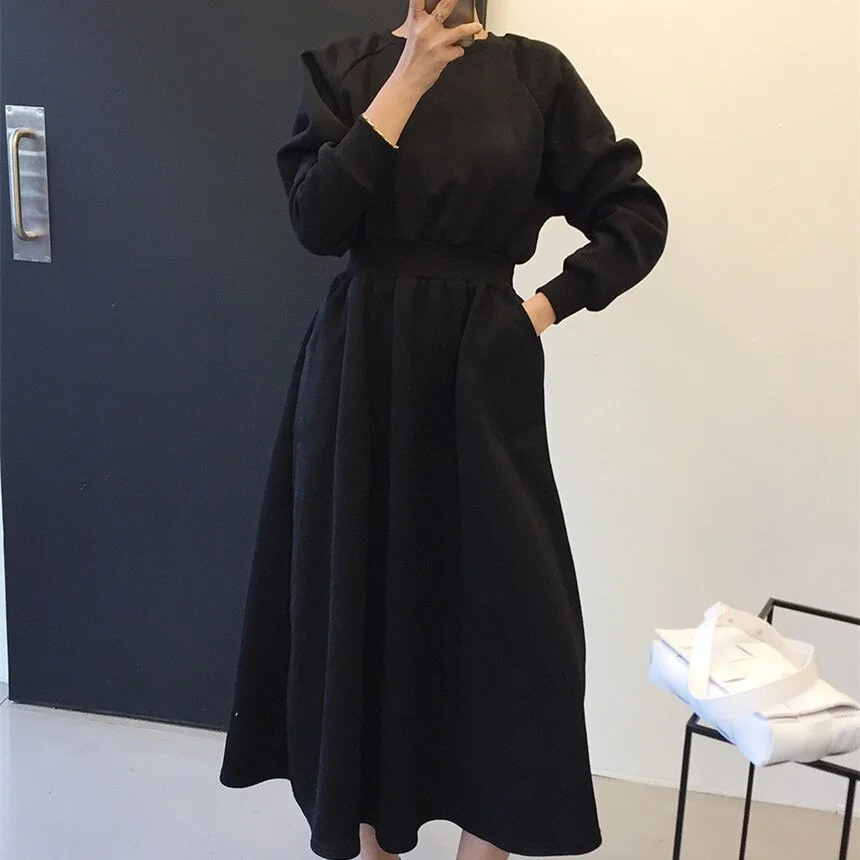 Jangj New 2021 Spring Winter Elegant Solid Women Dresses High Elastic Waist Casual Long Sleeve Plus Velvet Warm Dress Female