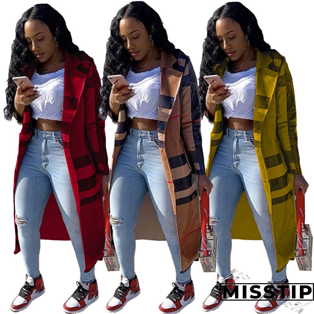 Women's Plaid Print Long-sleeved Lapel Long Coat