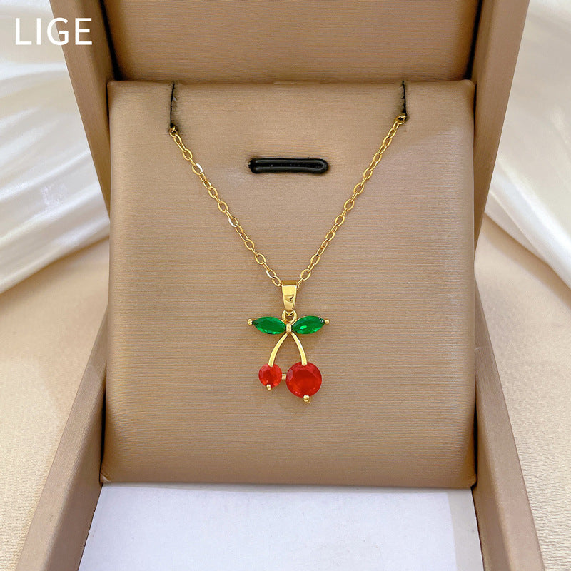 Red Cherry Fruit Full Diamond Gorgeous Full Diamond Necklace Female Versatile Clavicle Chain Titanium Steel