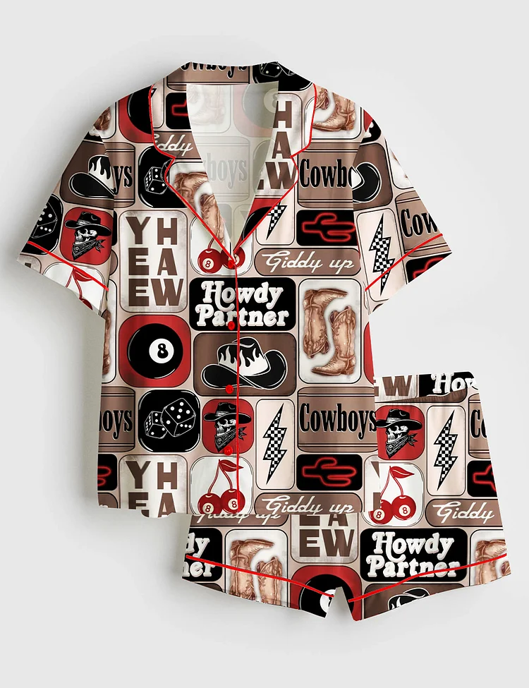 Women&rsquo;s Yee Haw Howdy Partner Giddy Up Western Cowboy Collage Print Short Sleeve Satin Pajama Set