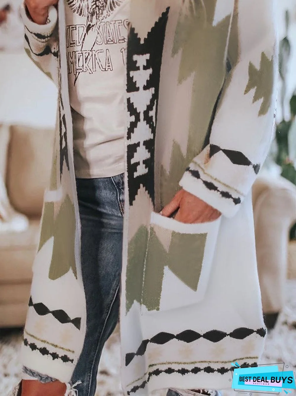 Long Sleeve Printed Cardigan Coat Woolen Coat For Autumn and Winter