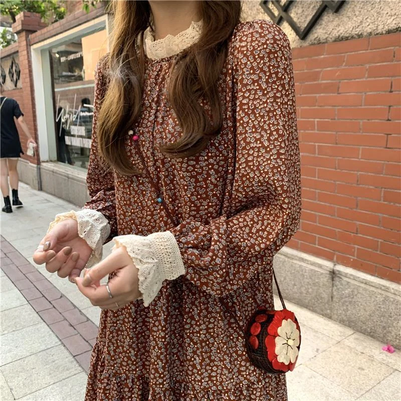 Long Sleeve Dress Women Pleated Patchwork Stand Collar Lace Ruffle Womens Sweet Elegant Basic Daily Streetwear All-match 3XL New