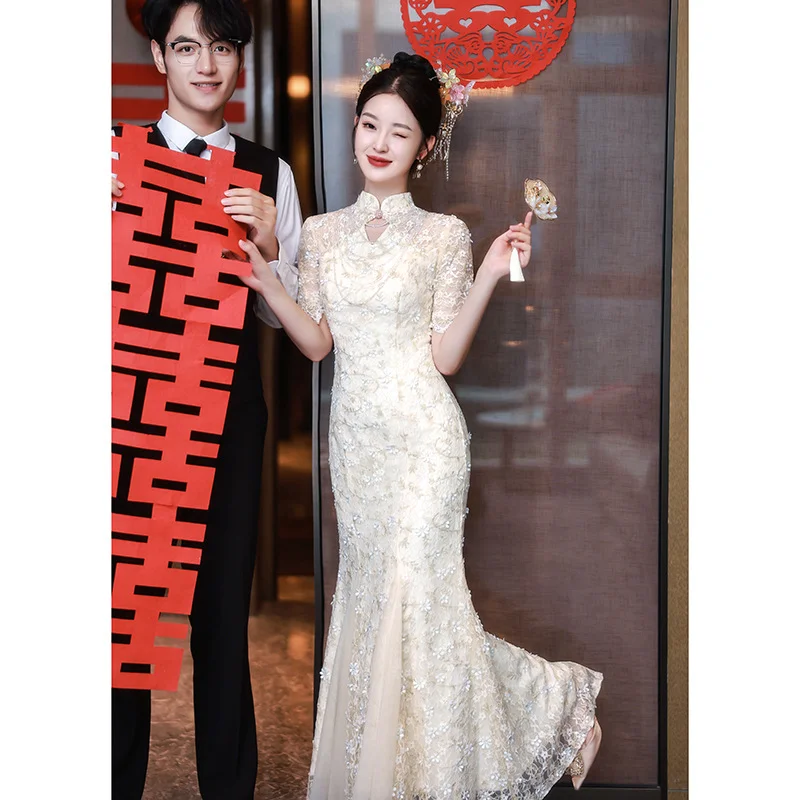 Zingj New Chinese Cheongsam Toasting Bride 2025 New Engagement Dress Fishtail Skirt High-End Wedding Day Dress