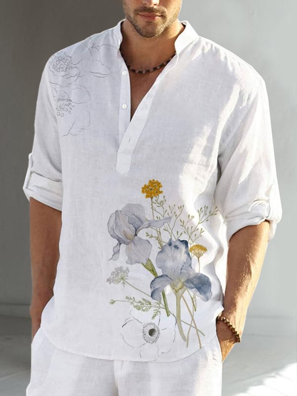 Floral cotton linen men's long sleeve casual shirt