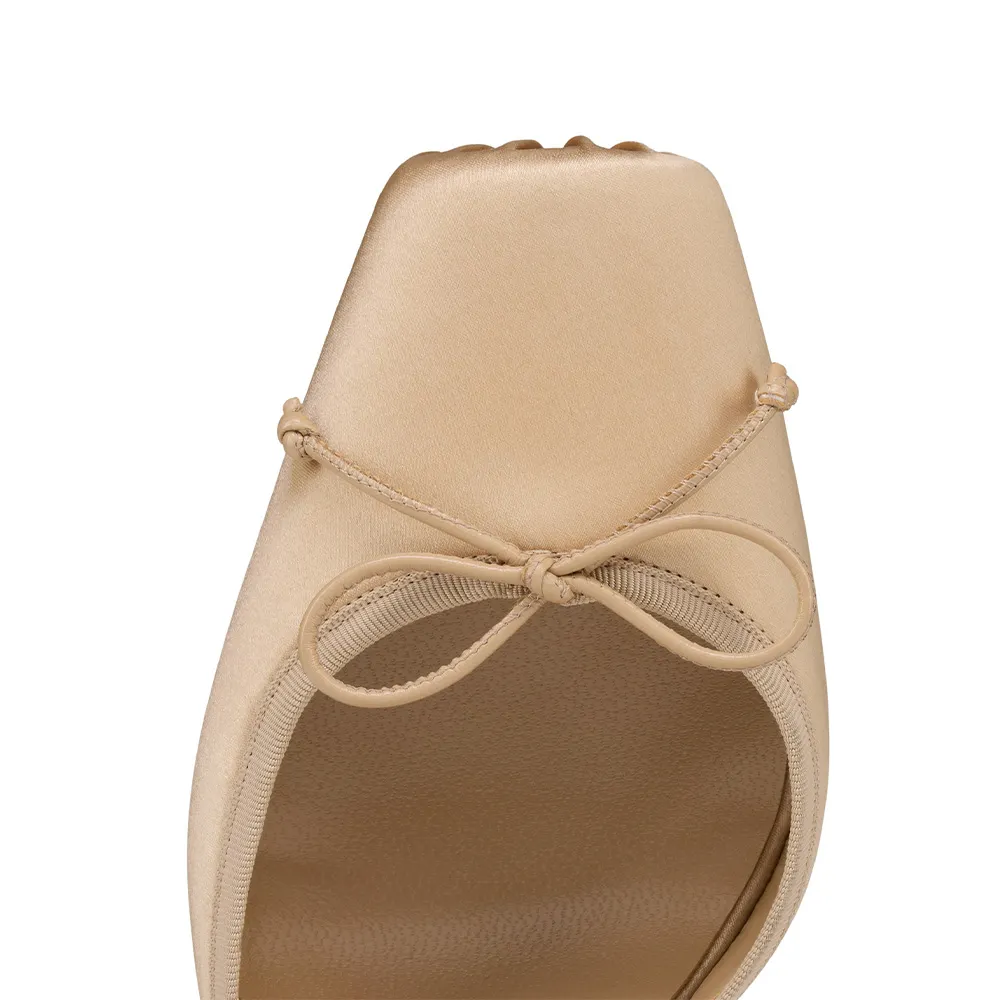 Women's Beige Square Toe Ballet Lace Up Satin Bow Pumps Heels