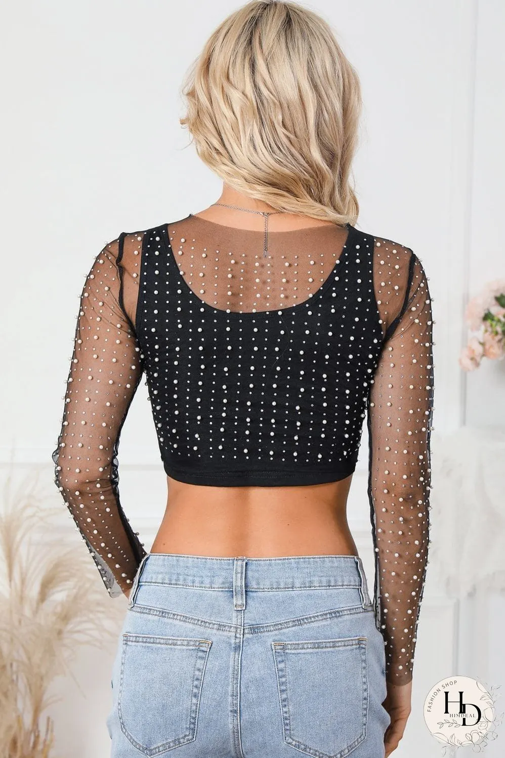 Elegant Black Mesh Sheer Top with Pearl and Rhinestone Embellishments
