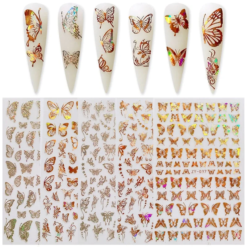 1PC Glitter iridescent 3D Butterfly Nail Art Stickers Sliders Spring Summer Golden Nail Transfer Decals Foils Wraps Decoration