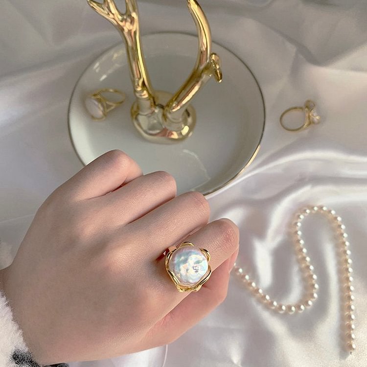 Natural Large Button Baroque Pearl Ring | INS Live Adjustable Ring | Vintage Exclusive Design