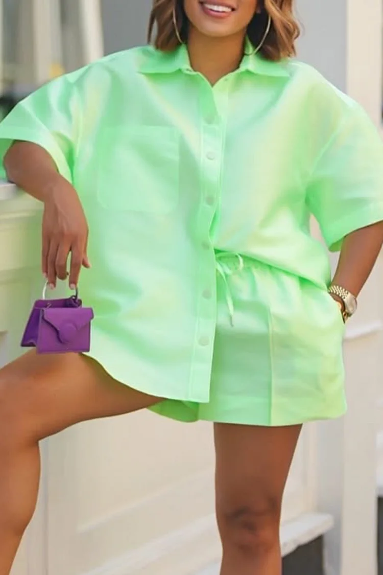 Plus Size Business Casual Fluorescent Green Shirt Collar Short Sleeve Pocket Casual Two Piece Short Sets [Pre-Order] 2024 - Xpluswear