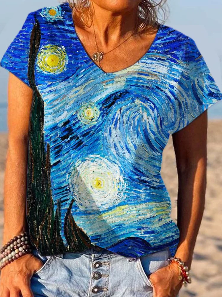 Starry Night Inspired Art V Neck T Shirt