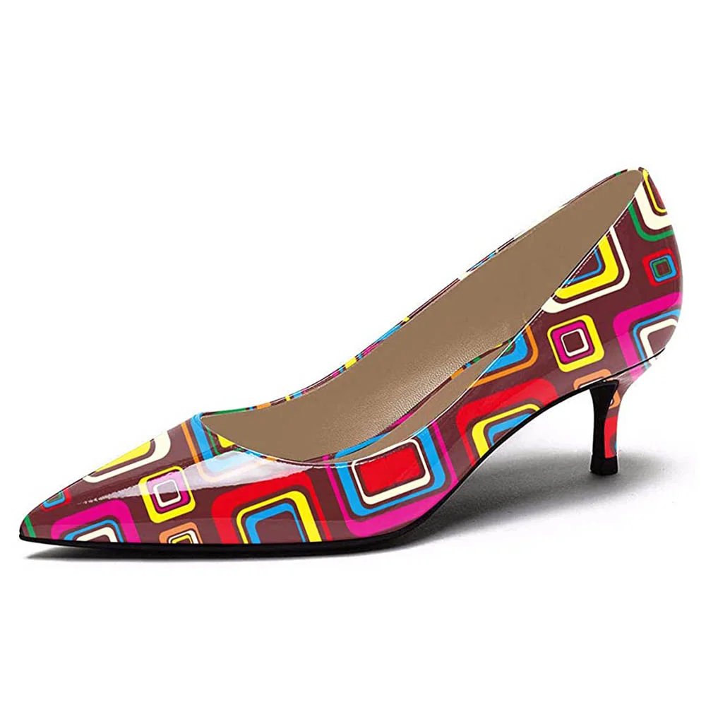 YDN Fancy Multicolor Square Print Pointed Toe Pumps Heels