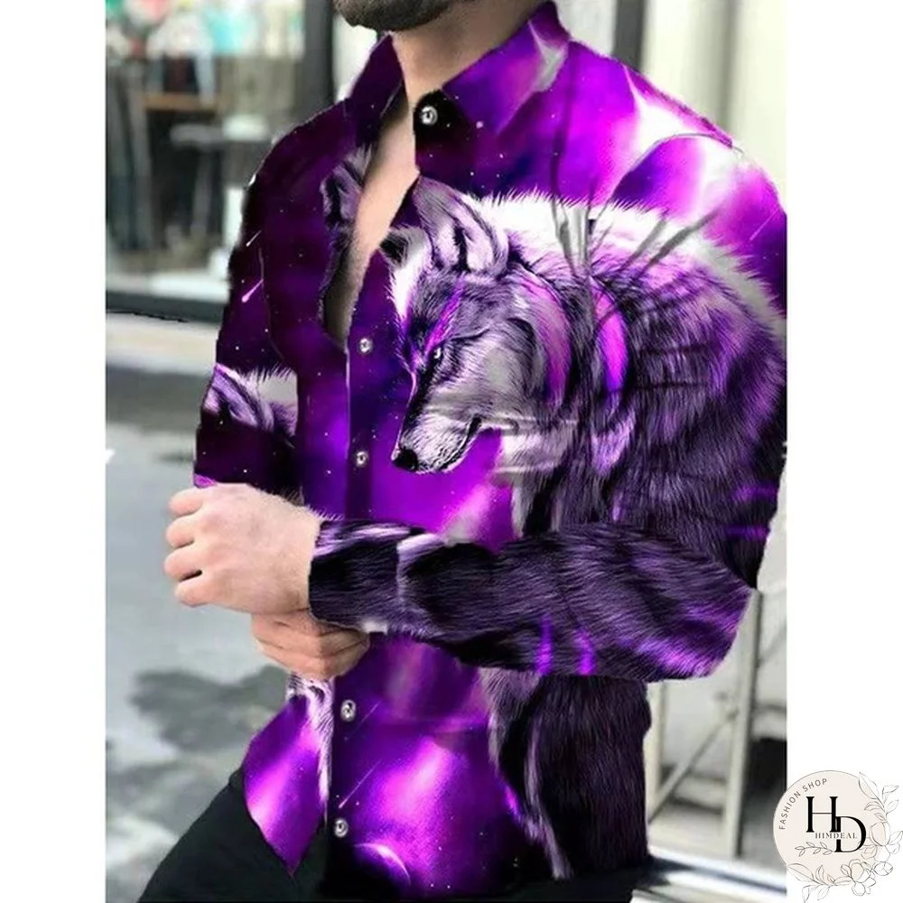 Men's Fashion Animal Print Shirts Lapel Long Sleeve Button Up Shirts