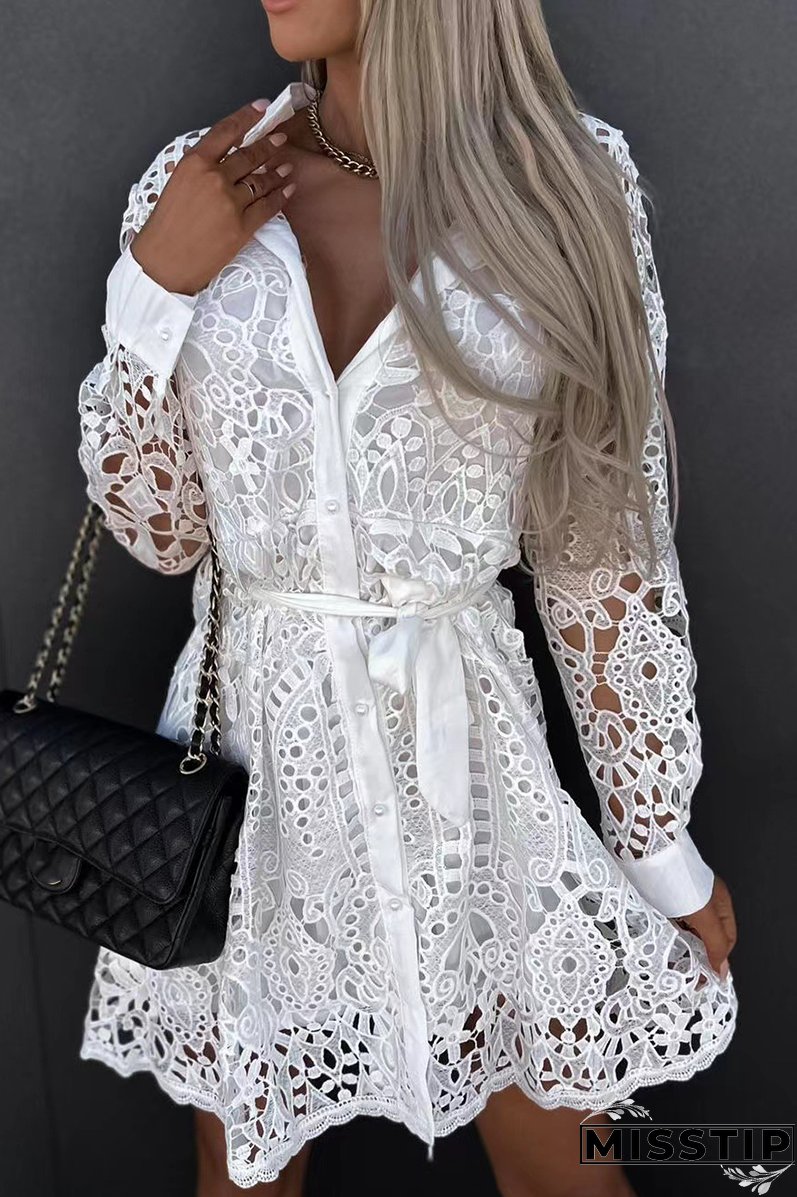 Casual Solid Lace Turndown Collar Waist Skirt Dresses(3 Colors)