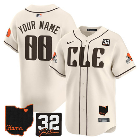 Youth Cleveland Browns Cream 2025 Jim Brown Memorial & Home Patch Vapor Limited Custom Jersey